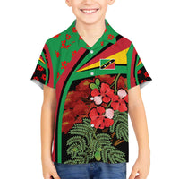 Saint Kitts and Nevis Family Matching Off The Shoulder Long Sleeve Dress and Hawaiian Shirt with Flag Colors and Tropical Island Design - Wonder Print Shop