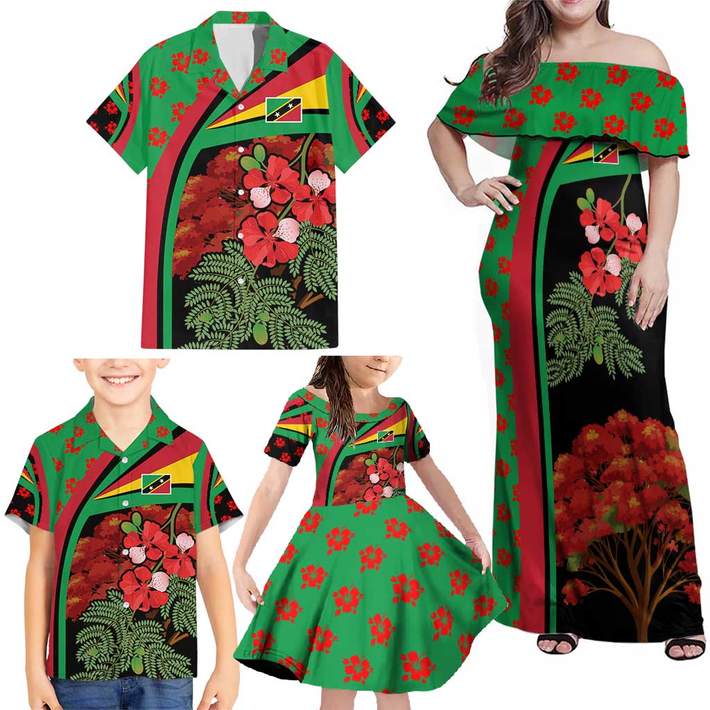 Saint Kitts and Nevis Family Matching Off Shoulder Maxi Dress and Hawaiian Shirt with Flag Colors and Tropical Island Design - Wonder Print Shop
