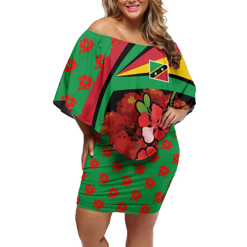 Saint Kitts and Nevis Family Matching Off Shoulder Short Dress and Hawaiian Shirt with Flag Colors and Tropical Island Design - Wonder Print Shop
