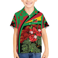 Saint Kitts and Nevis Family Matching Short Sleeve Bodycon Dress and Hawaiian Shirt with Flag Colors and Tropical Island Design - Wonder Print Shop
