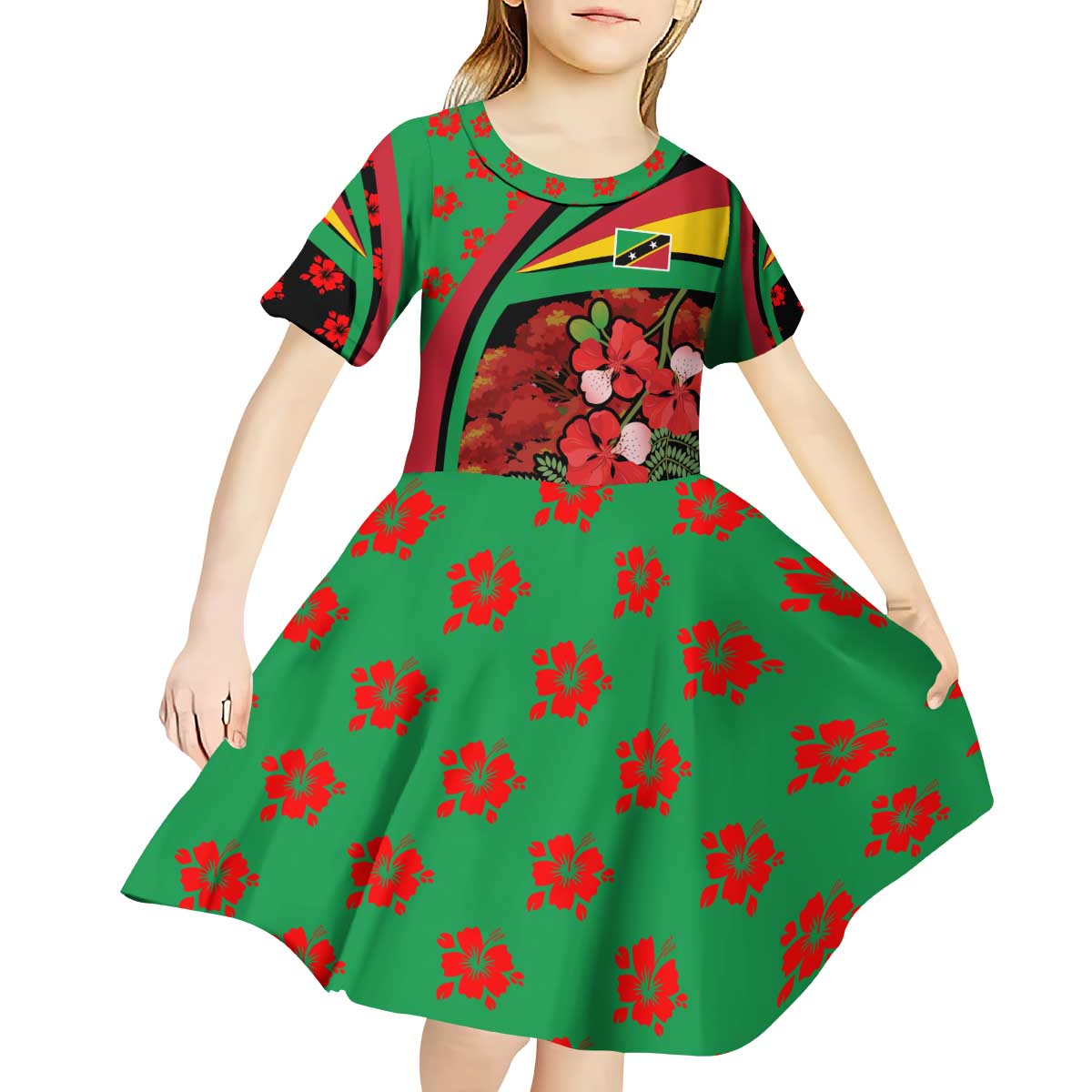 Saint Kitts and Nevis Kid Short Sleeve Dress with Flag Colors and Tropical Island Design - Wonder Print Shop