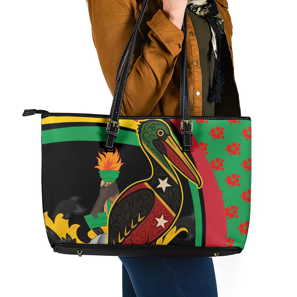 Saint Kitts and Nevis Leather Tote Bag with Flag Colors and Tropical Island Design - Wonder Print Shop