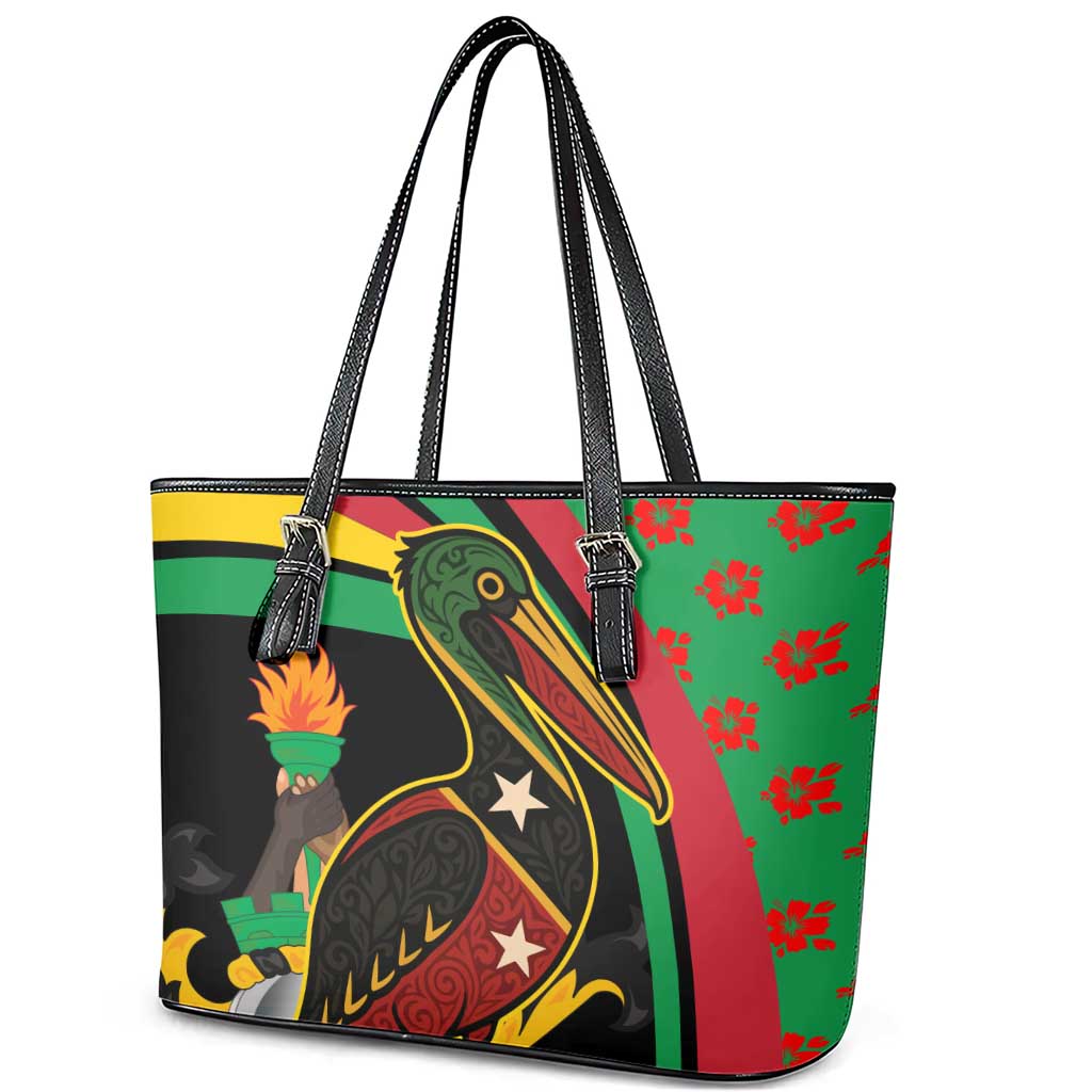 Saint Kitts and Nevis Leather Tote Bag with Flag Colors and Tropical Island Design - Wonder Print Shop