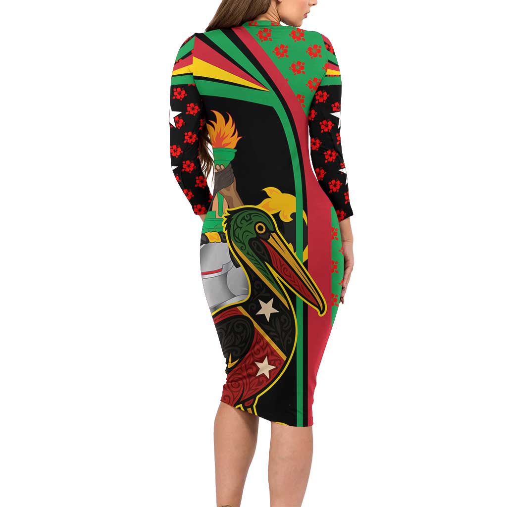 Saint Kitts and Nevis Long Sleeve Bodycon Dress with Flag Colors and Tropical Island Design - Wonder Print Shop