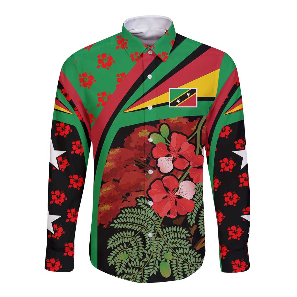 Saint Kitts and Nevis Long Sleeve Button Shirt with Flag Colors and Tropical Island Design - Wonder Print Shop