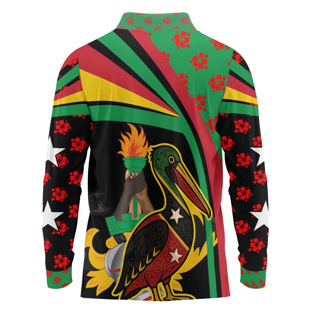 Saint Kitts and Nevis Long Sleeve Polo Shirt with Flag Colors and Tropical Island Design - Wonder Print Shop