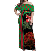 Saint Kitts and Nevis Off Shoulder Maxi Dress with Flag Colors and Tropical Island Design - Wonder Print Shop