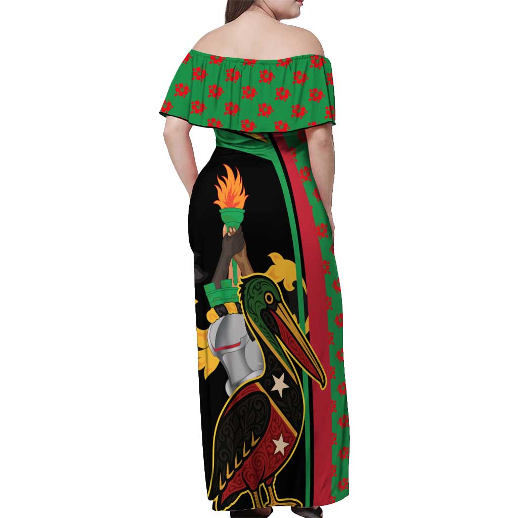 Saint Kitts and Nevis Off Shoulder Maxi Dress with Flag Colors and Tropical Island Design - Wonder Print Shop