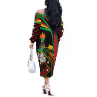 Saint Kitts and Nevis Off The Shoulder Long Sleeve Dress with Flag Colors and Tropical Island Design - Wonder Print Shop