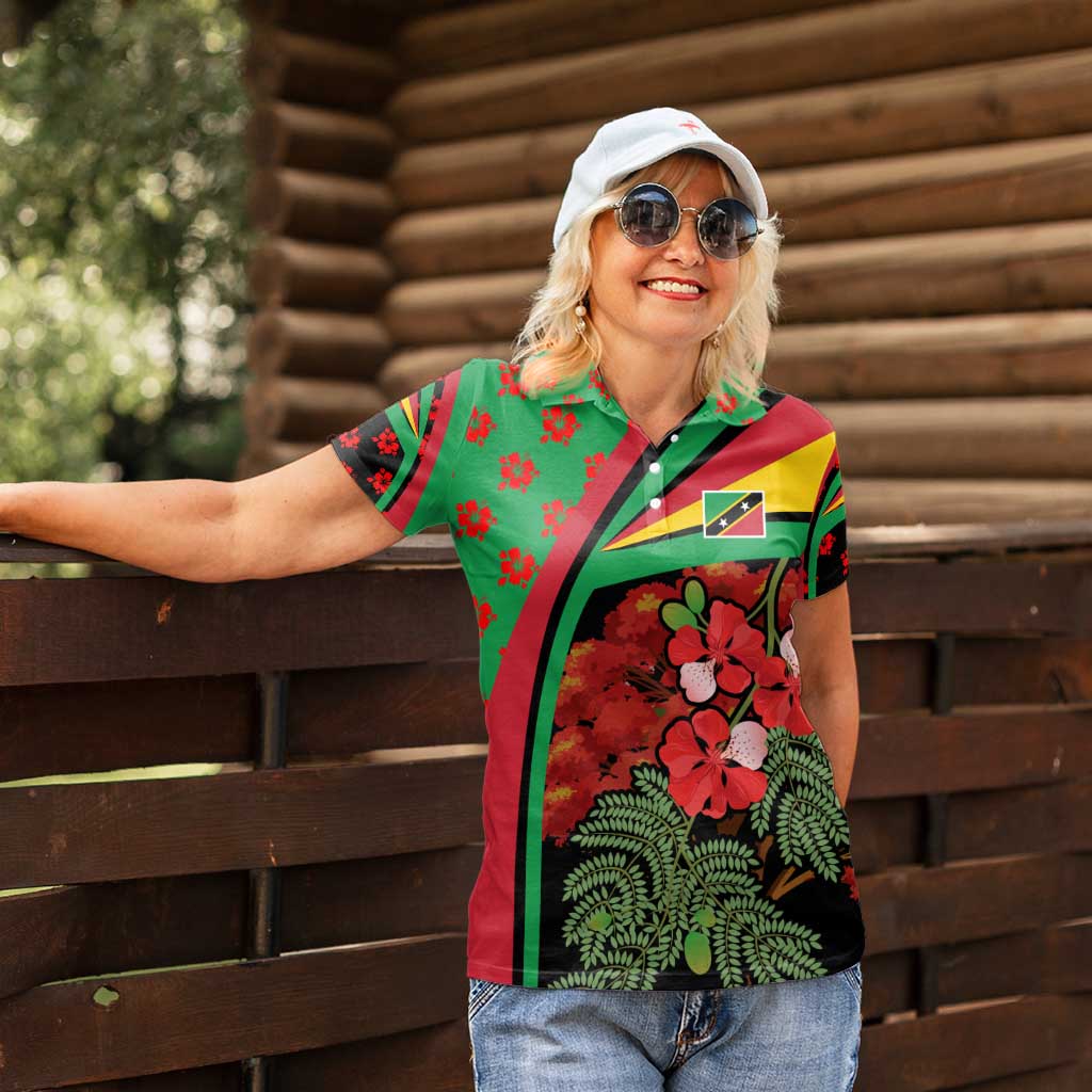 Saint Kitts and Nevis Women Polo Shirt with Flag Colors and Tropical Island Design - Wonder Print Shop