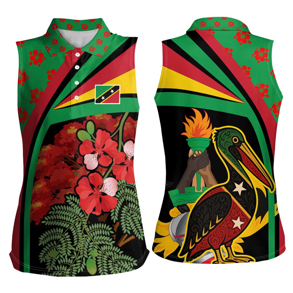 Saint Kitts and Nevis Women Sleeveless Polo Shirt with Flag Colors and Tropical Island Design - Wonder Print Shop