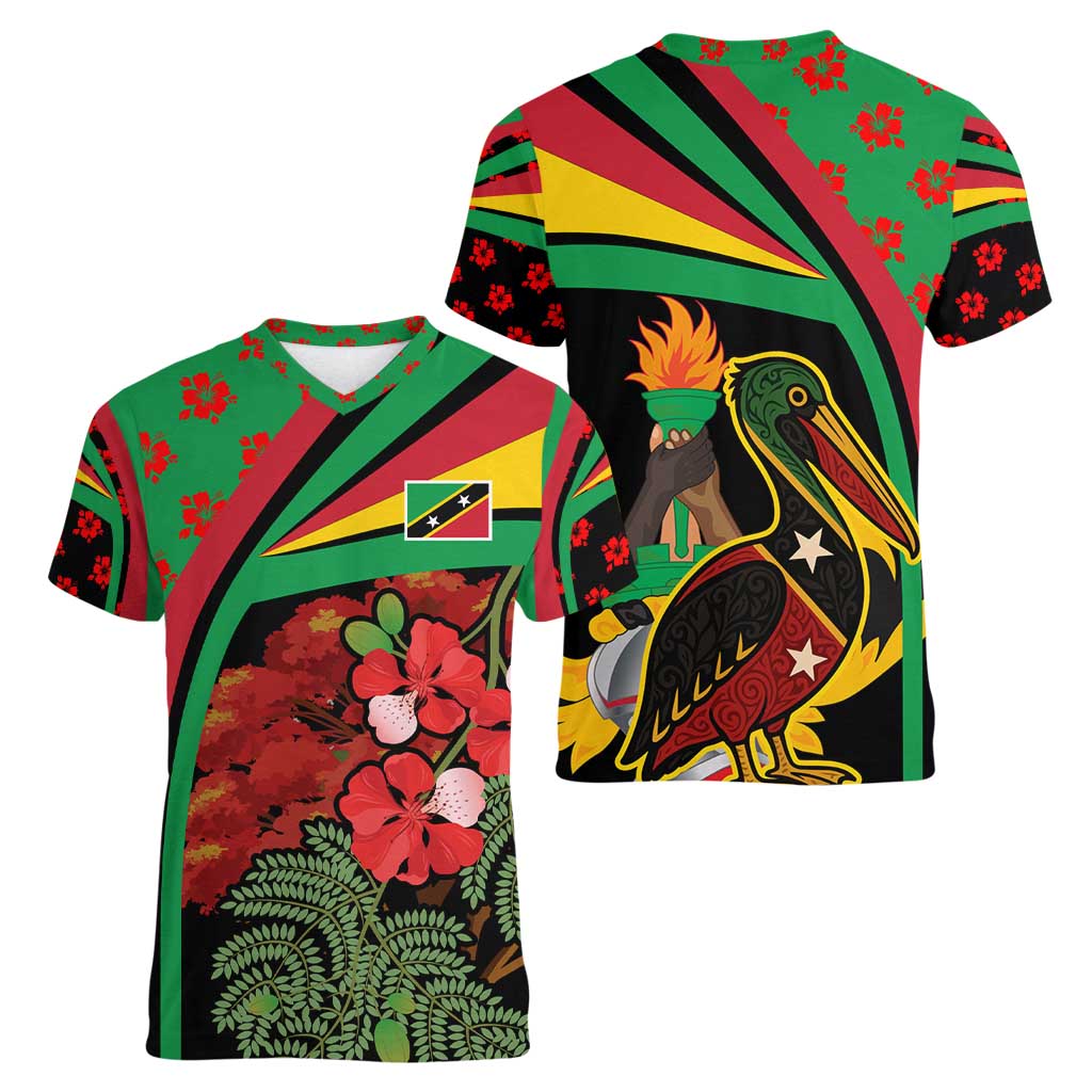 Saint Kitts and Nevis Women V-Neck T-Shirt with Flag Colors and Tropical Island Design - Wonder Print Shop