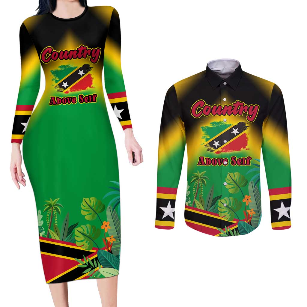 Saint Kitts and Nevis Couples Matching Long Sleeve Bodycon Dress and Long Sleeve Button Shirt with Coat of Arms and Flag Pattern Design - Wonder Print Shop