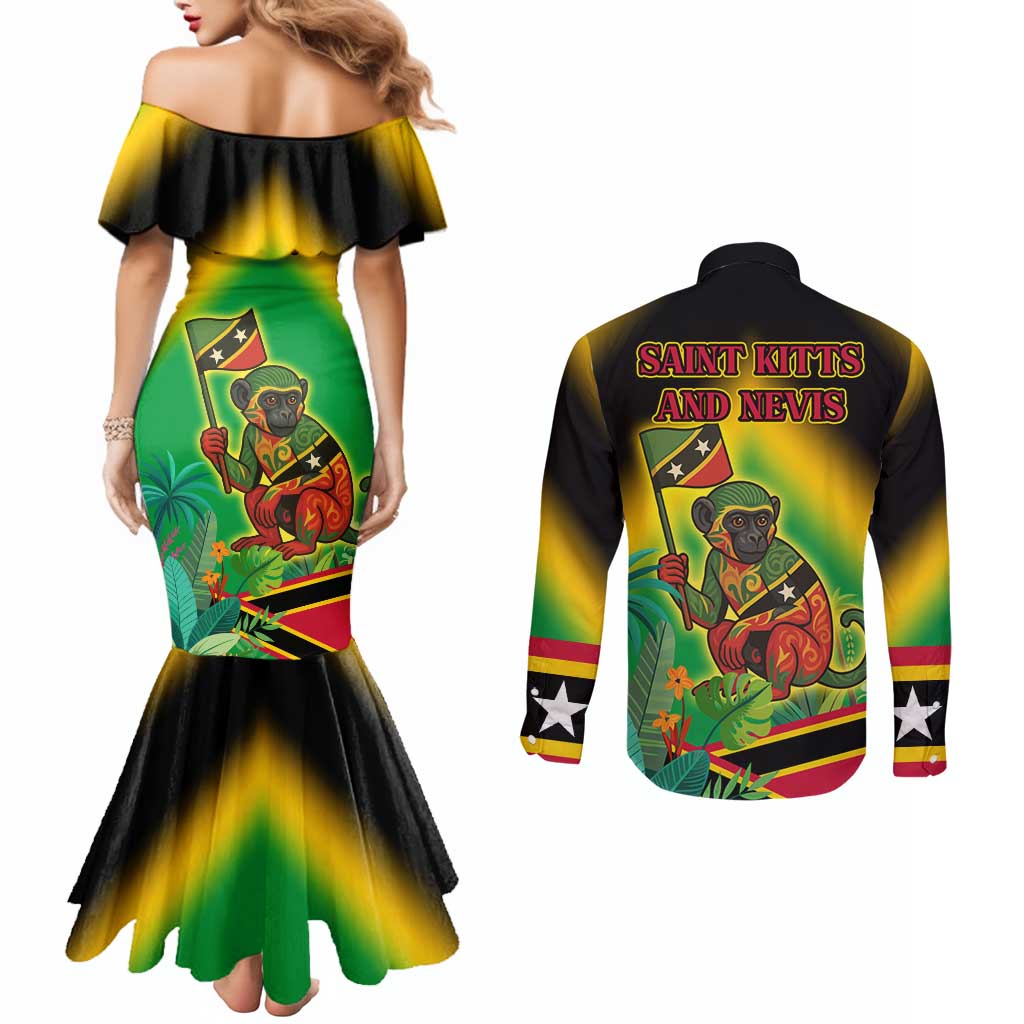 Saint Kitts and Nevis Couples Matching Mermaid Dress and Long Sleeve Button Shirt with Coat of Arms and Flag Pattern Design - Wonder Print Shop