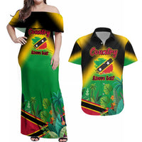 Saint Kitts and Nevis Couples Matching Off Shoulder Maxi Dress and Hawaiian Shirt with Coat of Arms and Flag Pattern Design - Wonder Print Shop