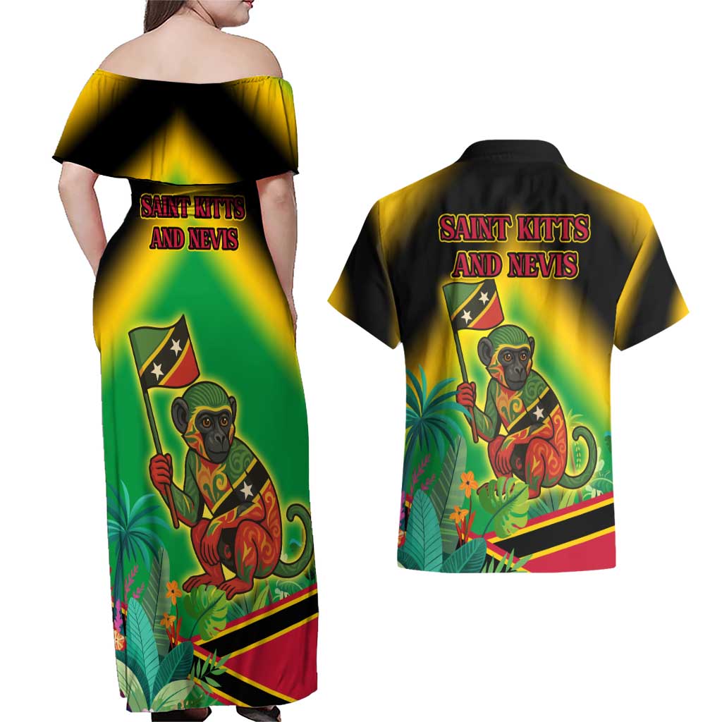 Saint Kitts and Nevis Couples Matching Off Shoulder Maxi Dress and Hawaiian Shirt with Coat of Arms and Flag Pattern Design - Wonder Print Shop