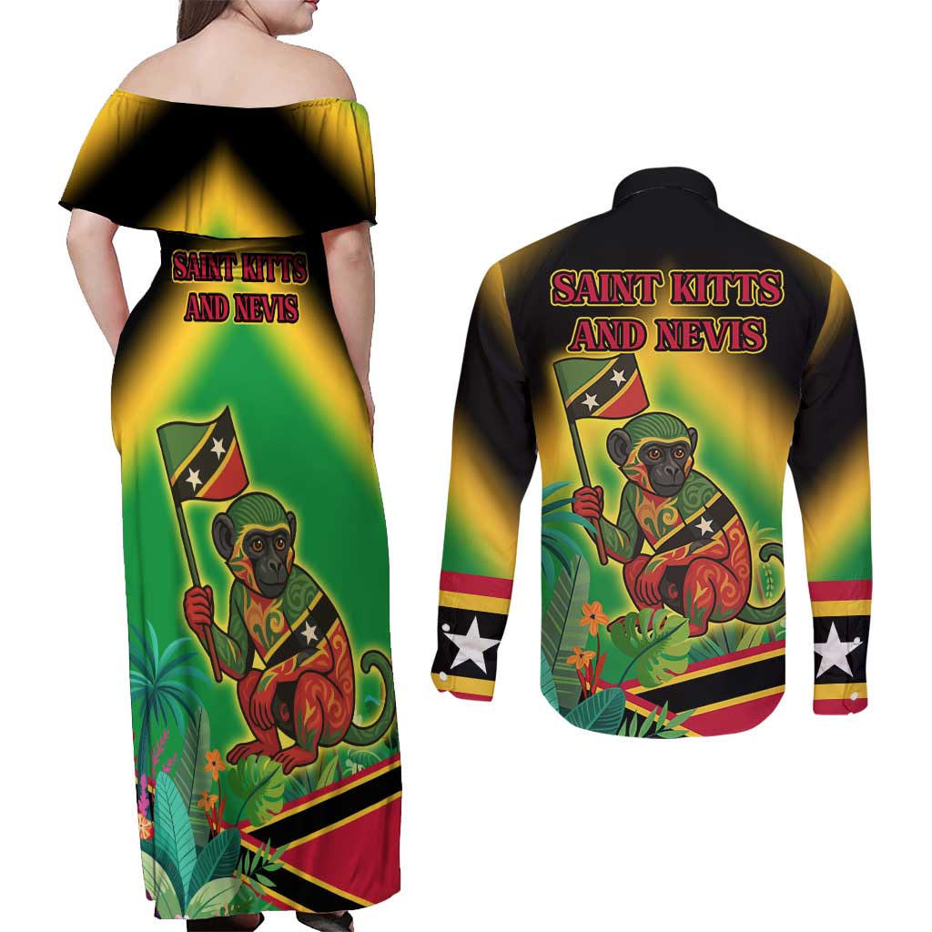 Saint Kitts and Nevis Couples Matching Off Shoulder Maxi Dress and Long Sleeve Button Shirt with Coat of Arms and Flag Pattern Design - Wonder Print Shop