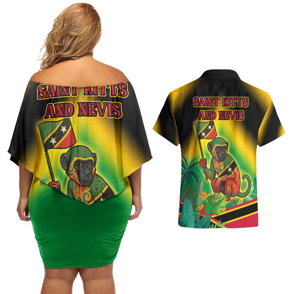 Saint Kitts and Nevis Couples Matching Off Shoulder Short Dress and Hawaiian Shirt with Coat of Arms and Flag Pattern Design - Wonder Print Shop