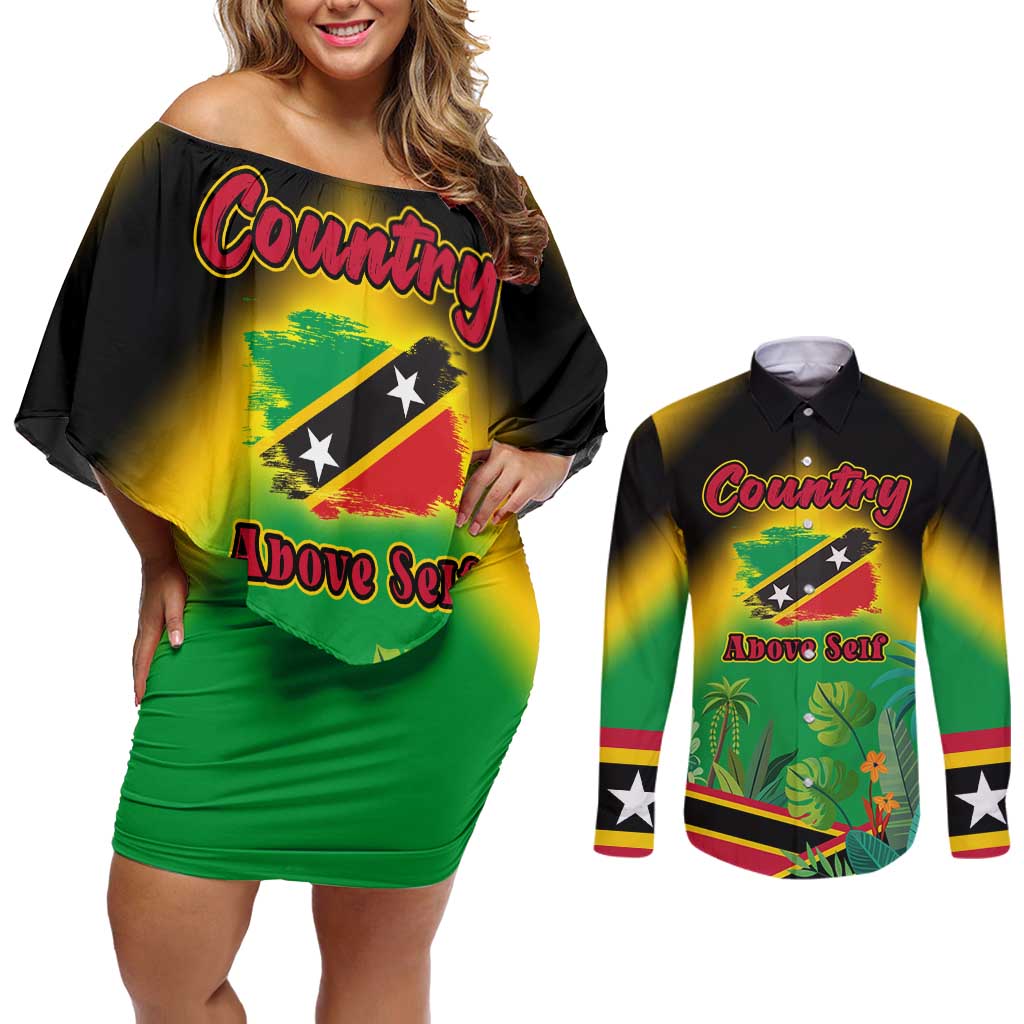 Saint Kitts and Nevis Couples Matching Off Shoulder Short Dress and Long Sleeve Button Shirt with Coat of Arms and Flag Pattern Design - Wonder Print Shop