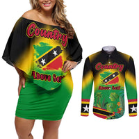 Saint Kitts and Nevis Couples Matching Off Shoulder Short Dress and Long Sleeve Button Shirt with Coat of Arms and Flag Pattern Design - Wonder Print Shop