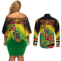 Saint Kitts and Nevis Couples Matching Off Shoulder Short Dress and Long Sleeve Button Shirt with Coat of Arms and Flag Pattern Design - Wonder Print Shop