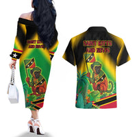 Saint Kitts and Nevis Couples Matching Off The Shoulder Long Sleeve Dress and Hawaiian Shirt with Coat of Arms and Flag Pattern Design - Wonder Print Shop