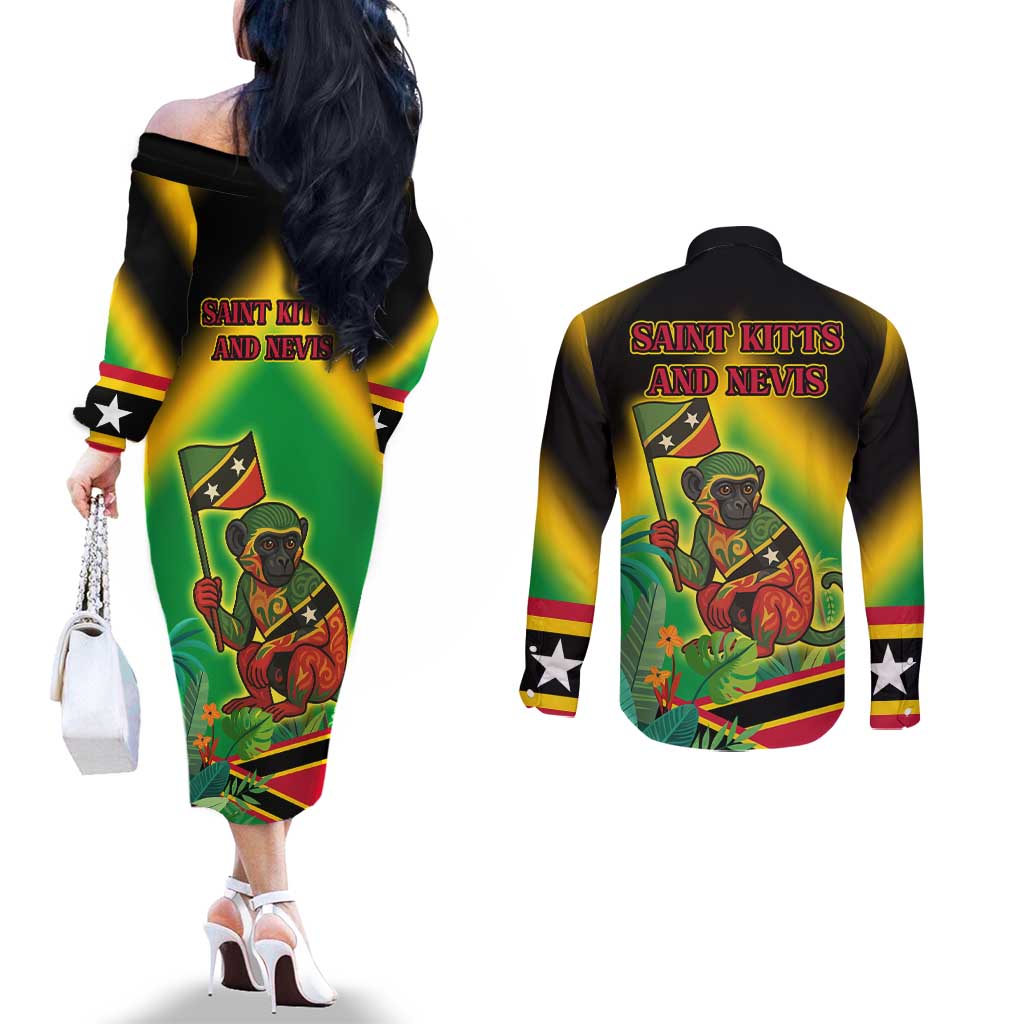 Saint Kitts and Nevis Couples Matching Off The Shoulder Long Sleeve Dress and Long Sleeve Button Shirt with Coat of Arms and Flag Pattern Design - Wonder Print Shop