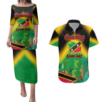 Saint Kitts and Nevis Couples Matching Puletasi and Hawaiian Shirt with Coat of Arms and Flag Pattern Design - Wonder Print Shop