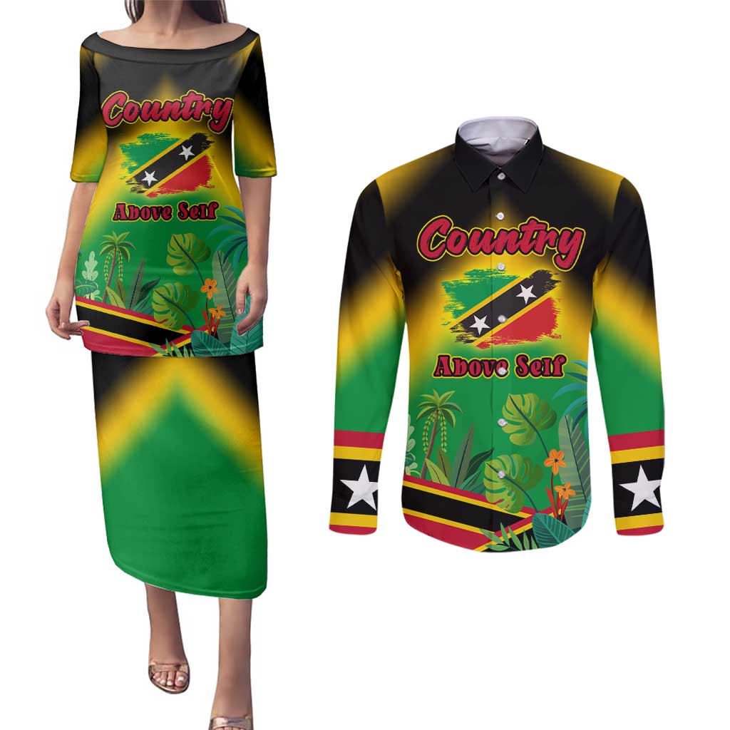 Saint Kitts and Nevis Couples Matching Puletasi and Long Sleeve Button Shirt with Coat of Arms and Flag Pattern Design - Wonder Print Shop