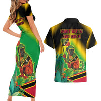 Saint Kitts and Nevis Couples Matching Short Sleeve Bodycon Dress and Hawaiian Shirt with Coat of Arms and Flag Pattern Design - Wonder Print Shop
