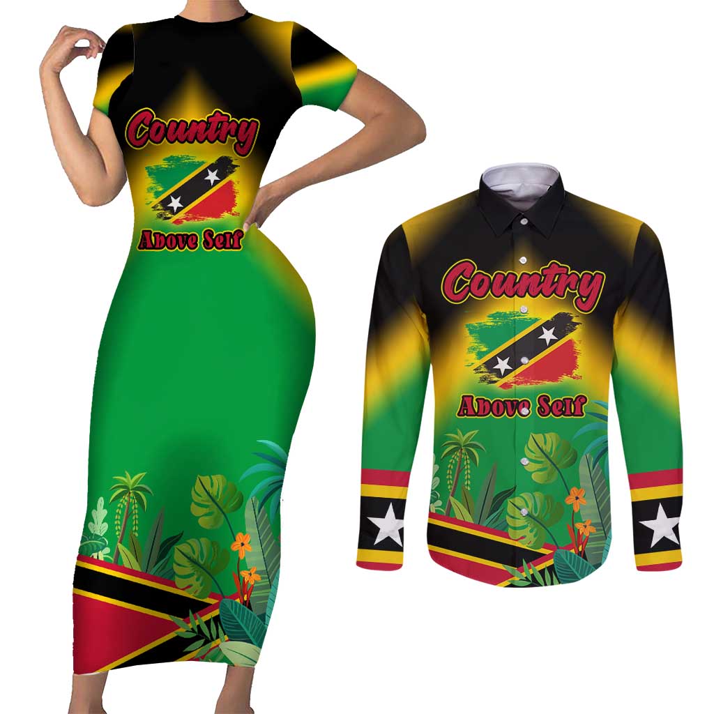 Saint Kitts and Nevis Couples Matching Short Sleeve Bodycon Dress and Long Sleeve Button Shirt with Coat of Arms and Flag Pattern Design - Wonder Print Shop