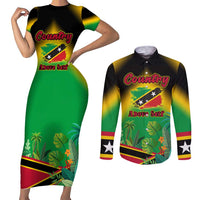 Saint Kitts and Nevis Couples Matching Short Sleeve Bodycon Dress and Long Sleeve Button Shirt with Coat of Arms and Flag Pattern Design - Wonder Print Shop