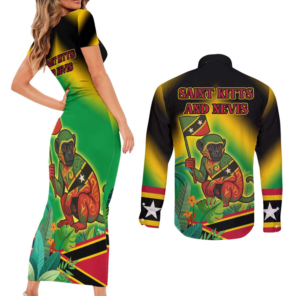 Saint Kitts and Nevis Couples Matching Short Sleeve Bodycon Dress and Long Sleeve Button Shirt with Coat of Arms and Flag Pattern Design - Wonder Print Shop