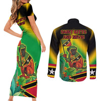Saint Kitts and Nevis Couples Matching Short Sleeve Bodycon Dress and Long Sleeve Button Shirt with Coat of Arms and Flag Pattern Design - Wonder Print Shop