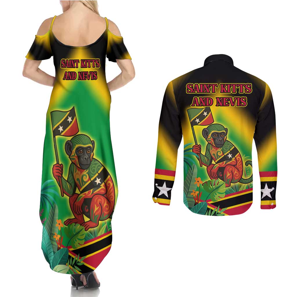 Saint Kitts and Nevis Couples Matching Summer Maxi Dress and Long Sleeve Button Shirt with Coat of Arms and Flag Pattern Design - Wonder Print Shop