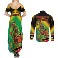 Saint Kitts and Nevis Couples Matching Summer Maxi Dress and Long Sleeve Button Shirt with Coat of Arms and Flag Pattern Design - Wonder Print Shop