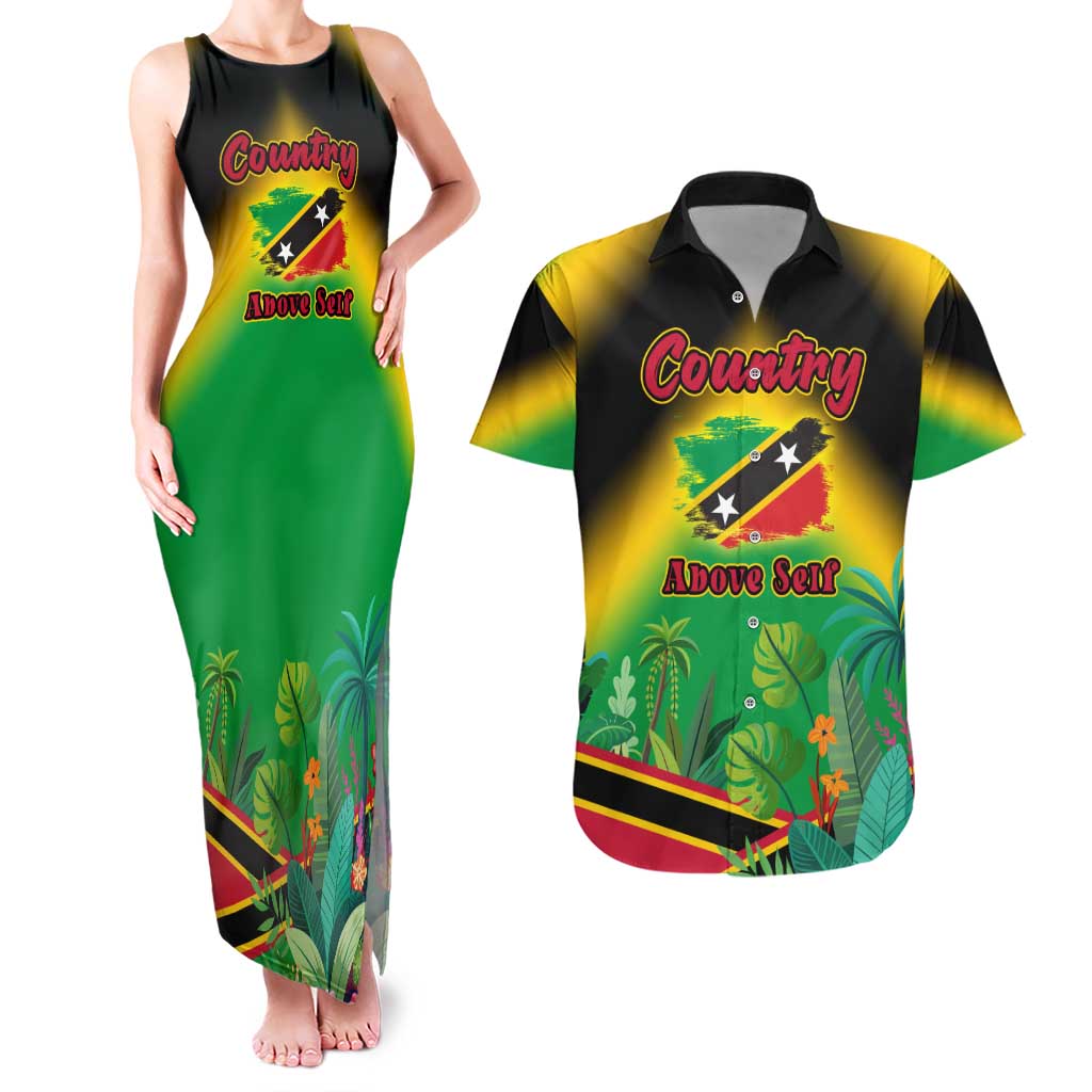 Saint Kitts and Nevis Couples Matching Tank Maxi Dress and Hawaiian Shirt with Coat of Arms and Flag Pattern Design - Wonder Print Shop