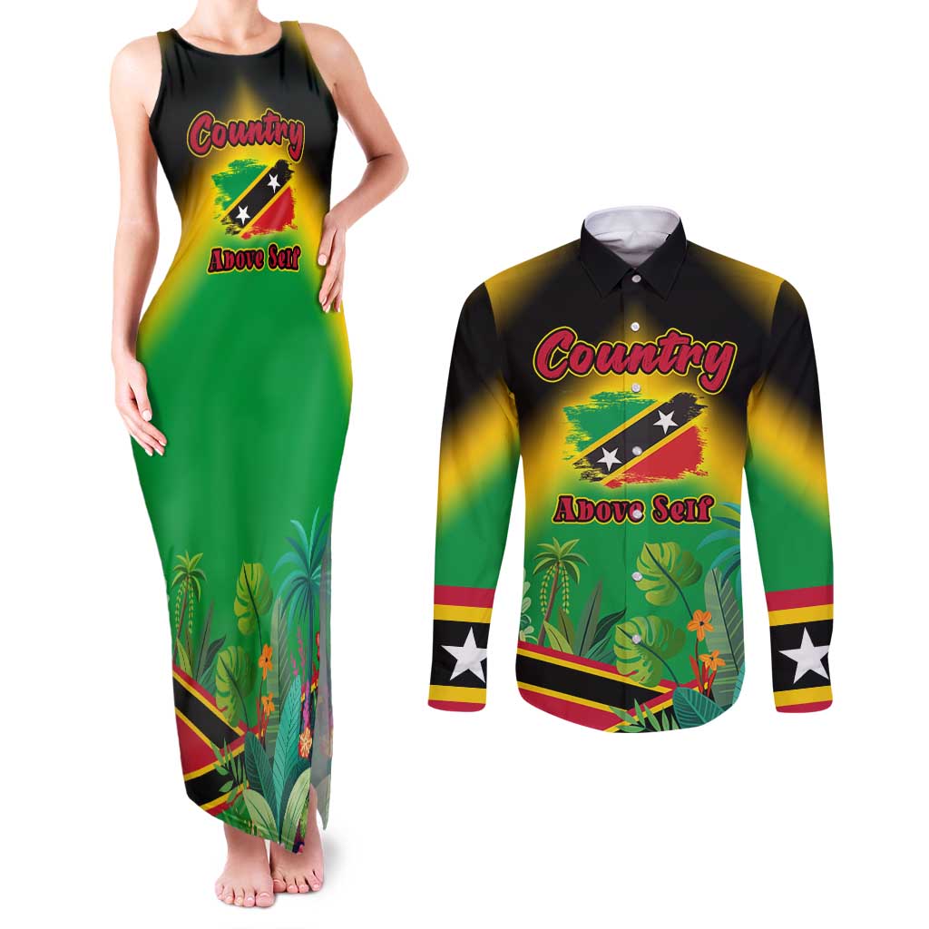 Saint Kitts and Nevis Couples Matching Tank Maxi Dress and Long Sleeve Button Shirt with Coat of Arms and Flag Pattern Design - Wonder Print Shop