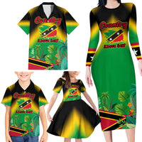 Saint Kitts and Nevis Family Matching Long Sleeve Bodycon Dress and Hawaiian Shirt with Coat of Arms and Flag Pattern Design - Wonder Print Shop