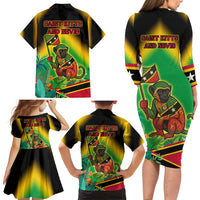 Saint Kitts and Nevis Family Matching Long Sleeve Bodycon Dress and Hawaiian Shirt with Coat of Arms and Flag Pattern Design - Wonder Print Shop