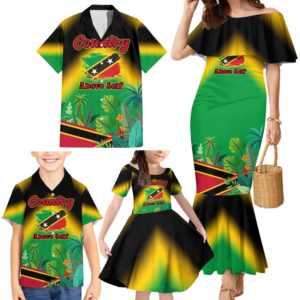 Saint Kitts and Nevis Family Matching Mermaid Dress and Hawaiian Shirt with Coat of Arms and Flag Pattern Design - Wonder Print Shop