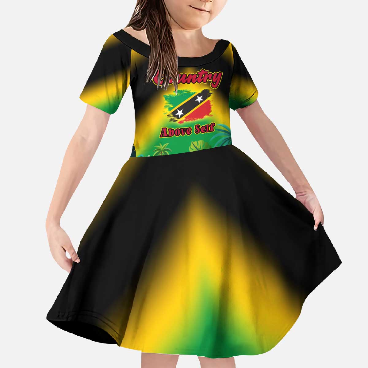 Saint Kitts and Nevis Family Matching Off The Shoulder Long Sleeve Dress and Hawaiian Shirt with Coat of Arms and Flag Pattern Design - Wonder Print Shop