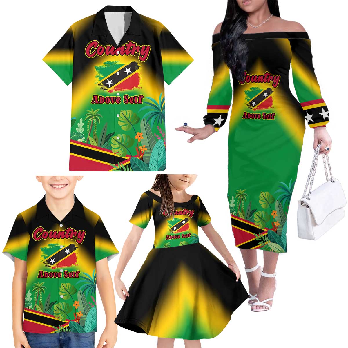 Saint Kitts and Nevis Family Matching Off The Shoulder Long Sleeve Dress and Hawaiian Shirt with Coat of Arms and Flag Pattern Design - Wonder Print Shop