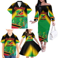 Saint Kitts and Nevis Family Matching Off The Shoulder Long Sleeve Dress and Hawaiian Shirt with Coat of Arms and Flag Pattern Design - Wonder Print Shop