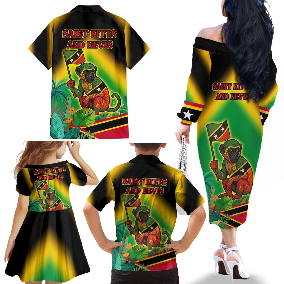 Saint Kitts and Nevis Family Matching Off The Shoulder Long Sleeve Dress and Hawaiian Shirt with Coat of Arms and Flag Pattern Design - Wonder Print Shop