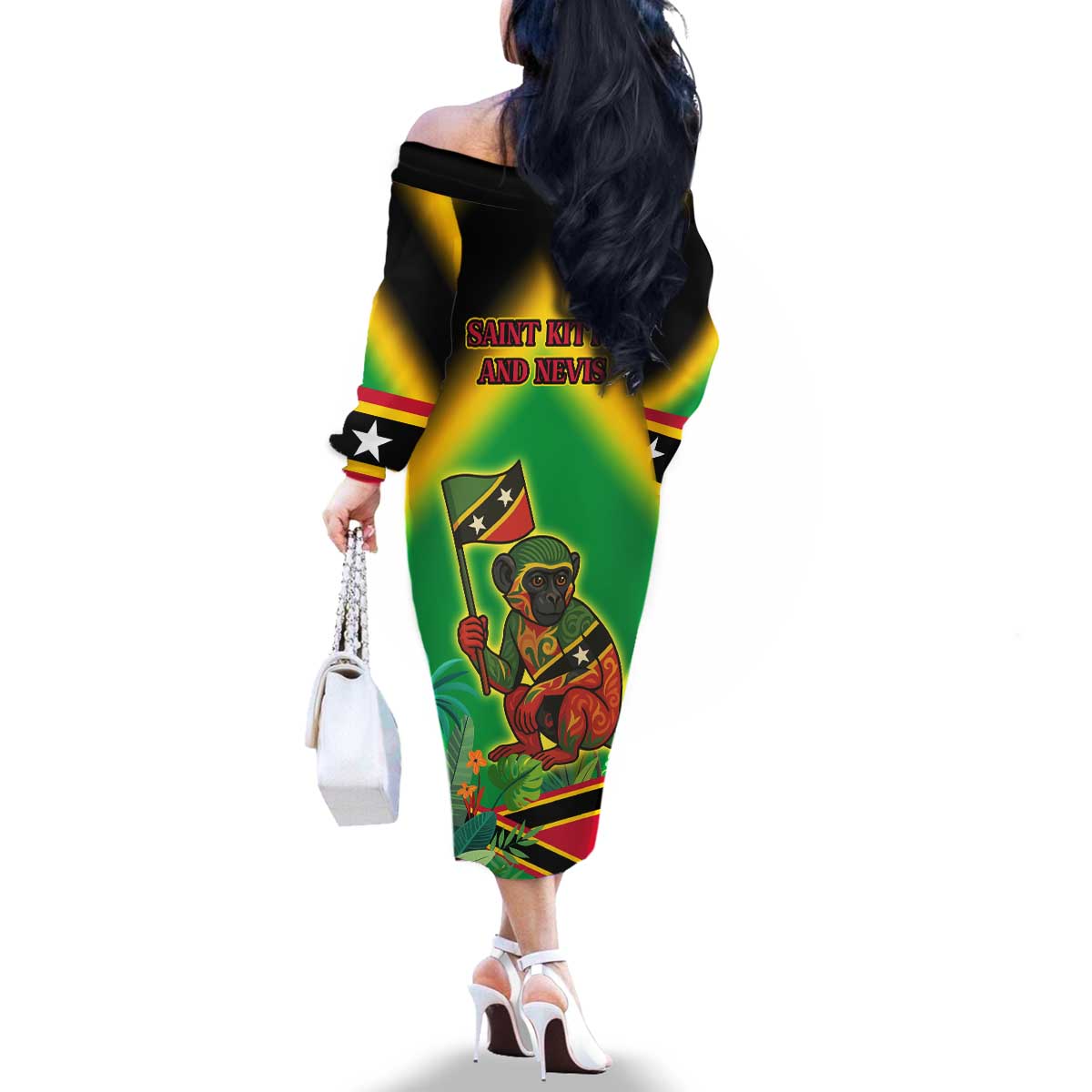 Saint Kitts and Nevis Family Matching Off The Shoulder Long Sleeve Dress and Hawaiian Shirt with Coat of Arms and Flag Pattern Design - Wonder Print Shop