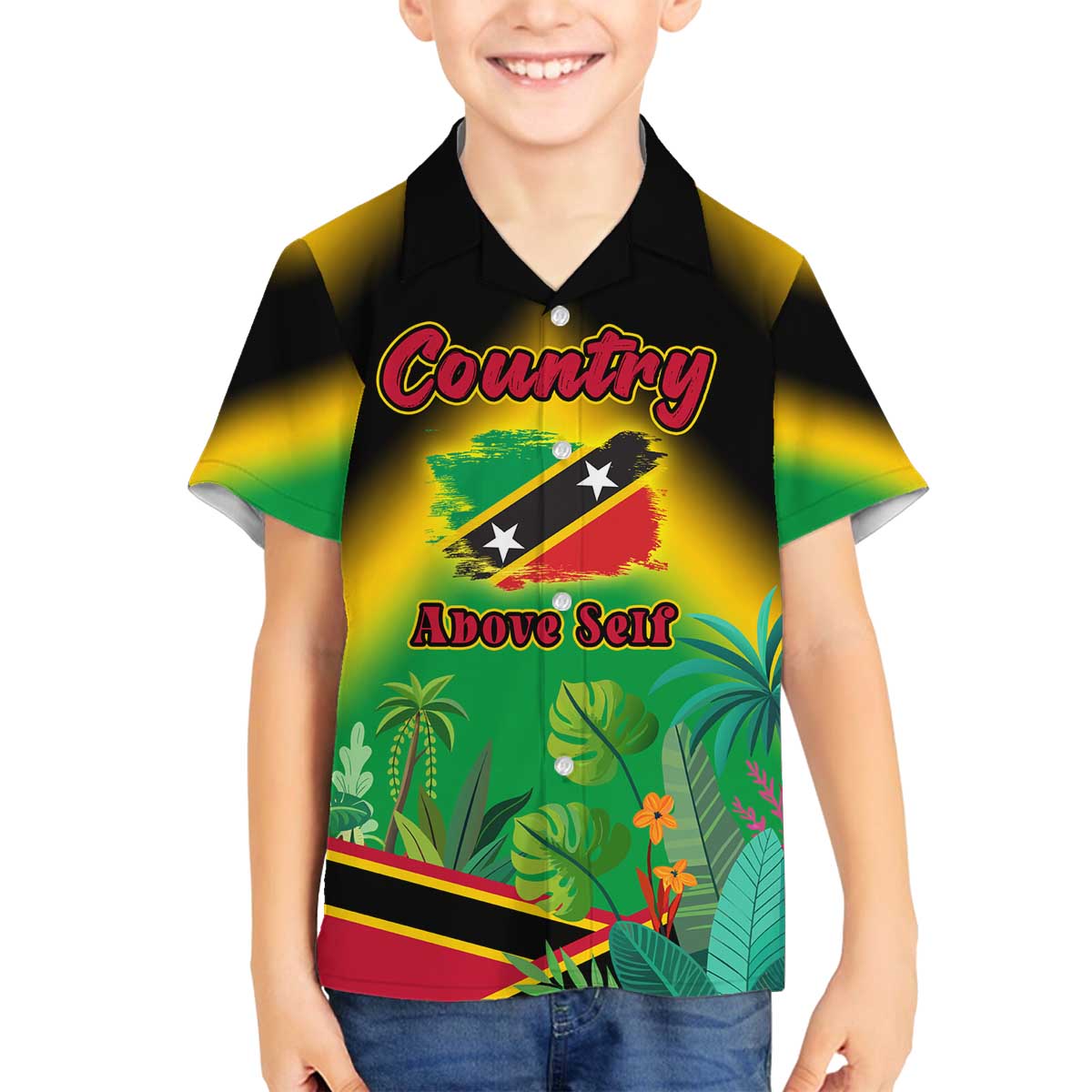 Saint Kitts and Nevis Family Matching Off The Shoulder Long Sleeve Dress and Hawaiian Shirt with Coat of Arms and Flag Pattern Design - Wonder Print Shop