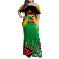 Saint Kitts and Nevis Family Matching Off Shoulder Maxi Dress and Hawaiian Shirt with Coat of Arms and Flag Pattern Design - Wonder Print Shop