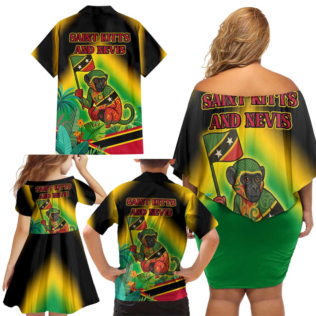 Saint Kitts and Nevis Family Matching Off Shoulder Short Dress and Hawaiian Shirt with Coat of Arms and Flag Pattern Design - Wonder Print Shop