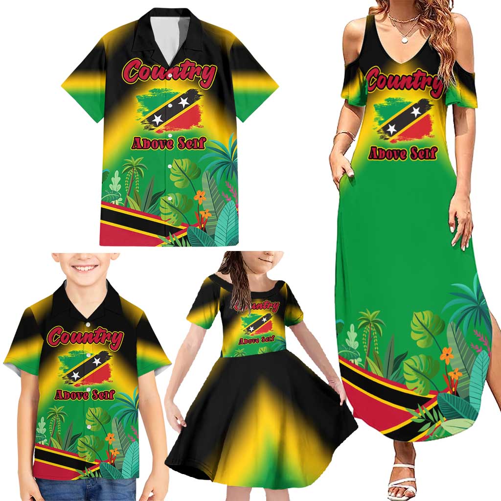Saint Kitts and Nevis Family Matching Summer Maxi Dress and Hawaiian Shirt with Coat of Arms and Flag Pattern Design - Wonder Print Shop